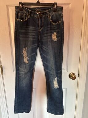 Cache Women's Distressed Straight Leg Jeans - Dark Blue